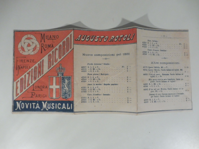 Edizioni Ricordi. Novità musicali 1881. Pieghevole pubblicitario